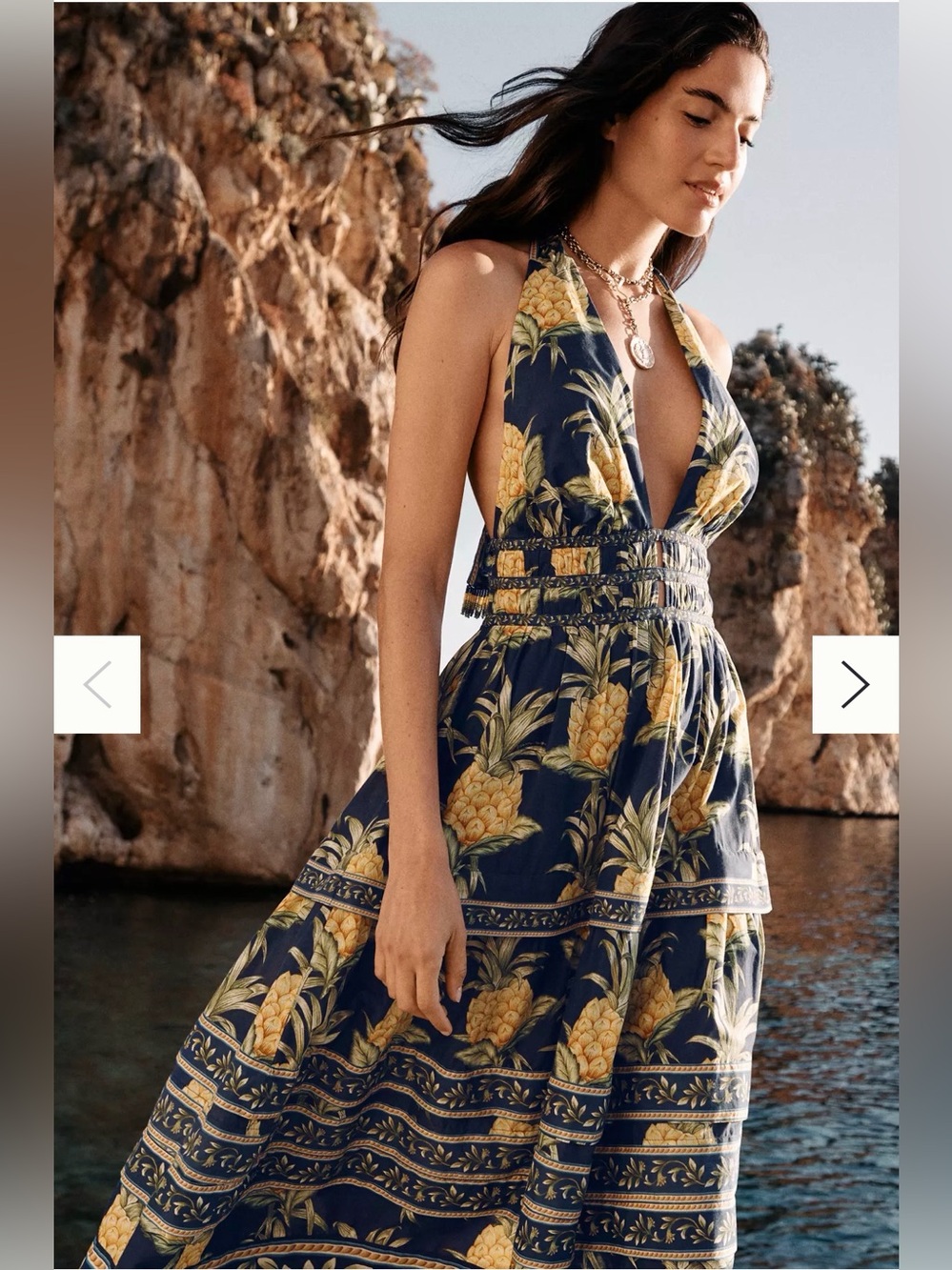 FARM Rio Pineapple Print Midi Dress Navy Multicolor, Size XS